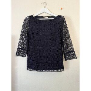 Tory Burch Womens Linen Harlow Lace Crochet Top Blouse Small Navy 3/4 Sleeve